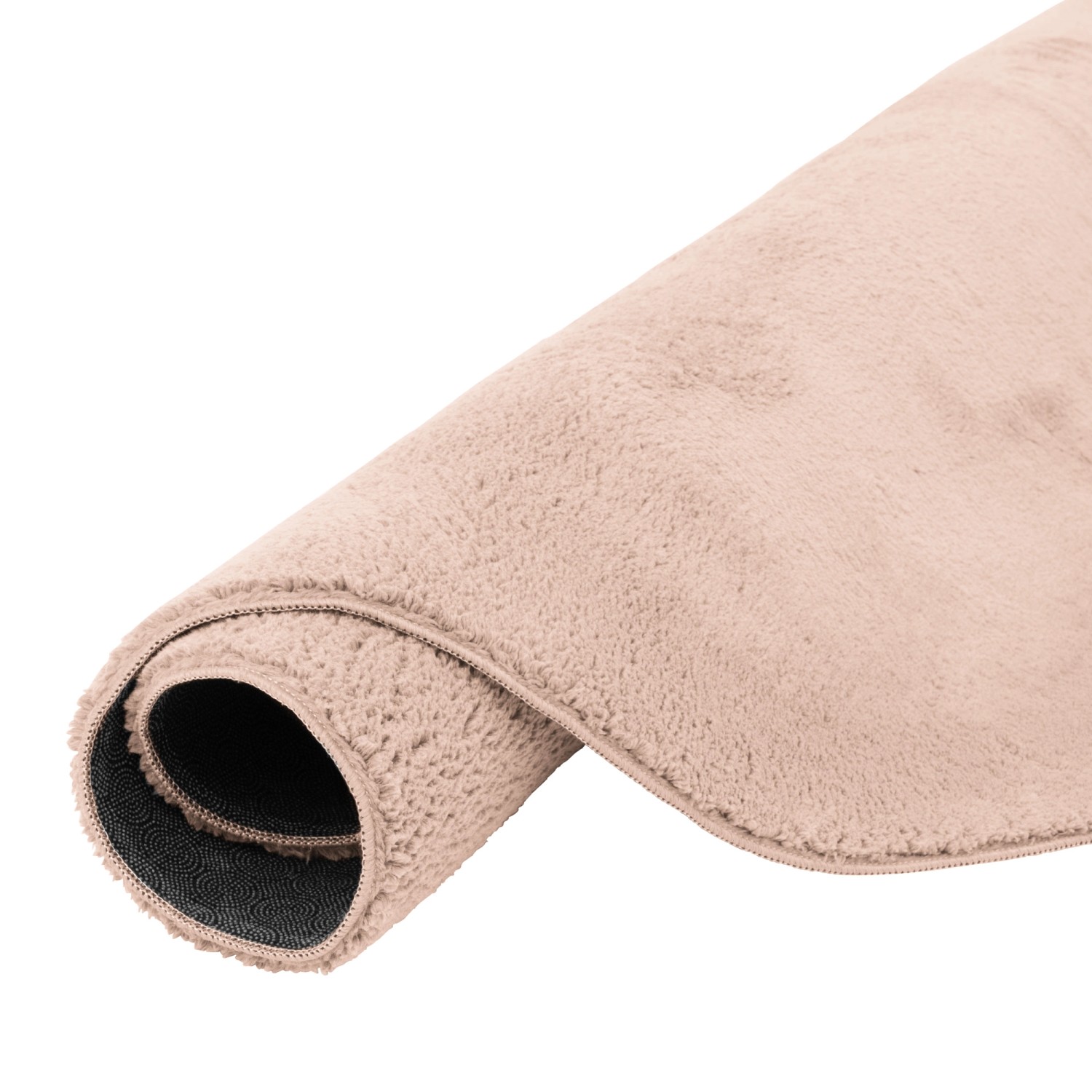 Gerollter, runder, altrosa Fellteppich (120cm) der Marke Pergamon. Super Soft und luxuriös.