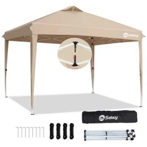 Beiger Sekey Faltpavillon 3x3 m, wasserdicht, UV Schutz. Mit Tragetasche, Seilen, Erdnägeln. Detailansicht Höhenverstellung.