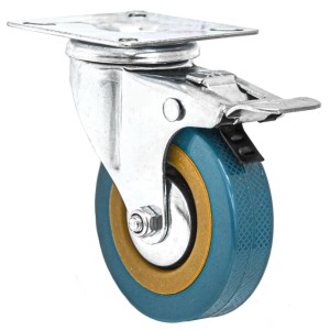 Schwerlast Möbelrolle 75mm mit Bremse. Blaues Nylonrad, verzinktes Gehäuse, quadratische Anschraubplatte.