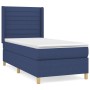Blaues Boxspringbett 90x190 cm mit Matratze und Kopfteil. Stoffbezug, Holzfüße.