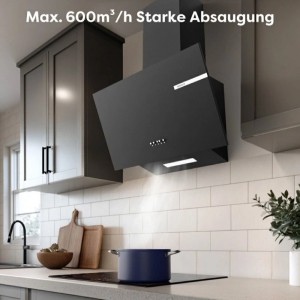 Schwarze CIARRA Kopffreihaube 60 cm in moderner Küche, saugt Dampf ab, mit LED-Beleuchtung und 580 m³/h Leistung.