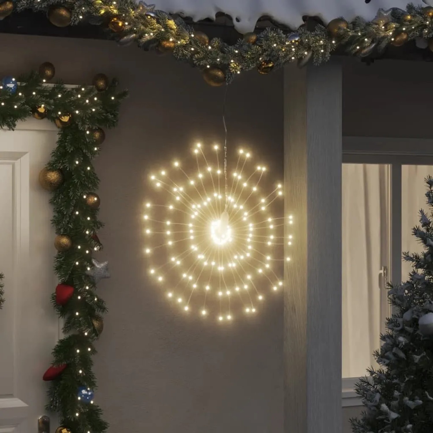 Warmweiße LED-Feuerwerk-Weihnachtsbeleuchtung als Stern an Hauswand, festliche Outdoor-Deko für Garten & Eingang.