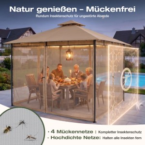 Taupe Sekey Pavillon 3x3m mit Doppeldach und Moskitonetz im Garten. Familie genießt mückenfreies Abendessen am Pool.