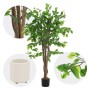 ML-Design Kunstpflanze Ficus 120 cm mit grünem Blattwerk, Naturholzstamm und weißem Übertopf.