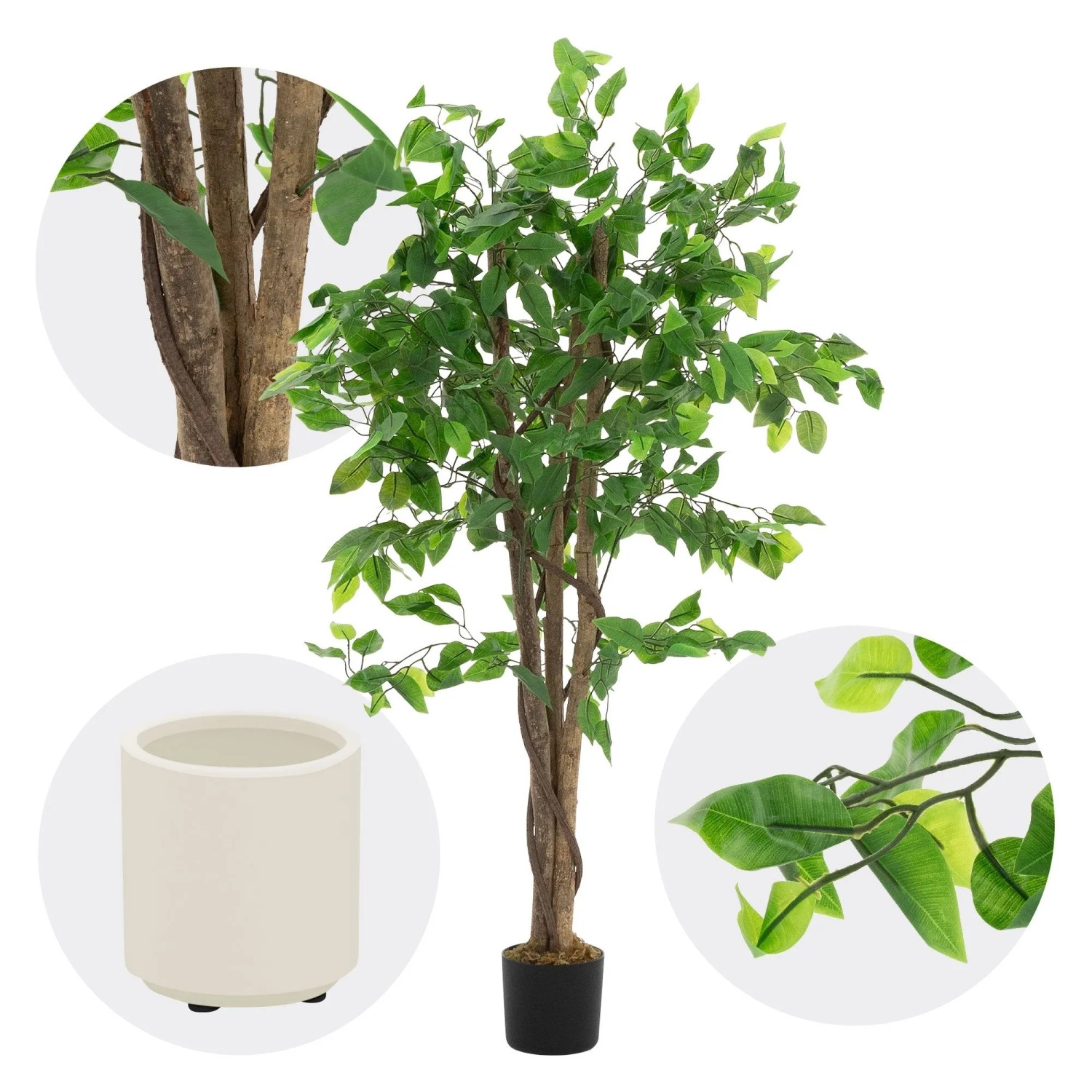 ML-Design Kunstpflanze Ficus 120 cm mit grünem Blattwerk, Naturholzstamm und weißem Übertopf.
