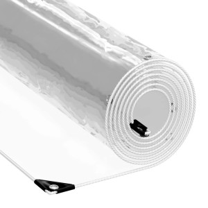 Gerollte, transparente vidaXL Plane (6x8 m) aus PVC mit Ösen und Seil zur Befestigung.