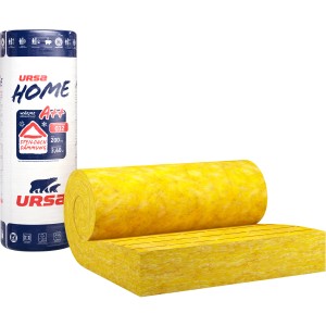 Ursa Home Klemmfilz 200 mm: Rolle und ausgerollte Glaswolle zur Dach- und Deckendämmung.