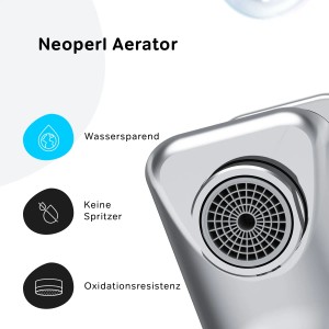 Detailaufnahme: AM.PM Wannenarmatur mit Neoperl Aerator für Wassereinsparung und Spritzschutz.