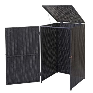 Schwarze MCW Mülltonnenverkleidung E25 für 120l Tonne, Poly-Rattan, mit Tür und Klappdeckel.