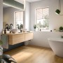 Badezimmer mit Egger Laminat NatureSense Aqua Eiche Predaia Honig, wasserfest und warm wirkend.