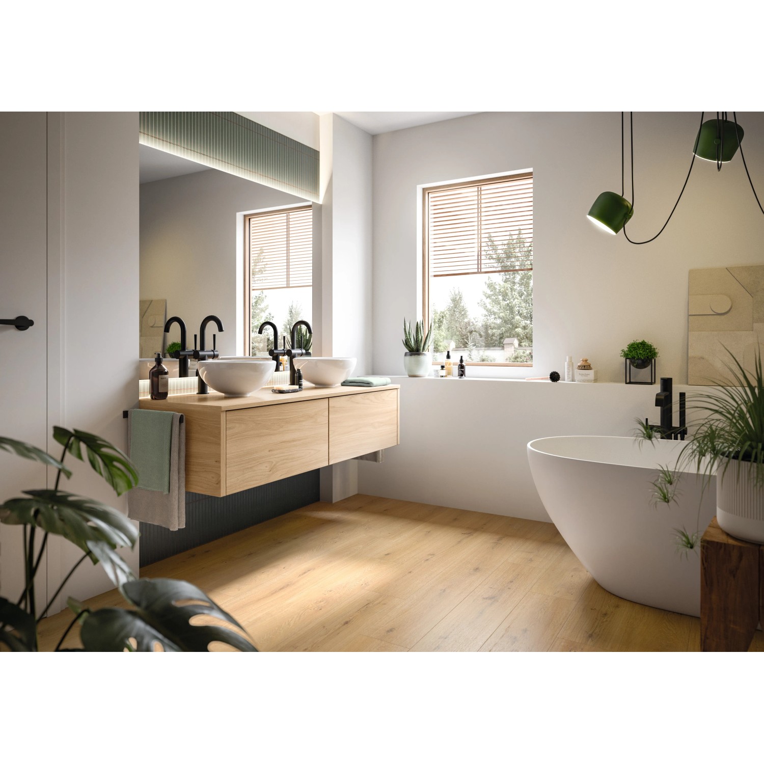 Badezimmer mit Egger Laminat NatureSense Aqua Eiche Predaia Honig, wasserfest und warm wirkend.