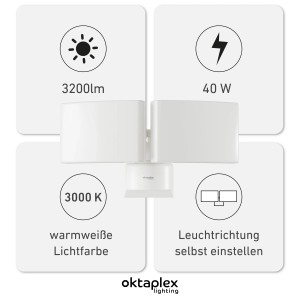 Oktaplex Cali Dos LED-Außenstrahler, schwenkbar, 40W, 3200 Lumen, warmweiß, IP65, weiße Wandlampe.