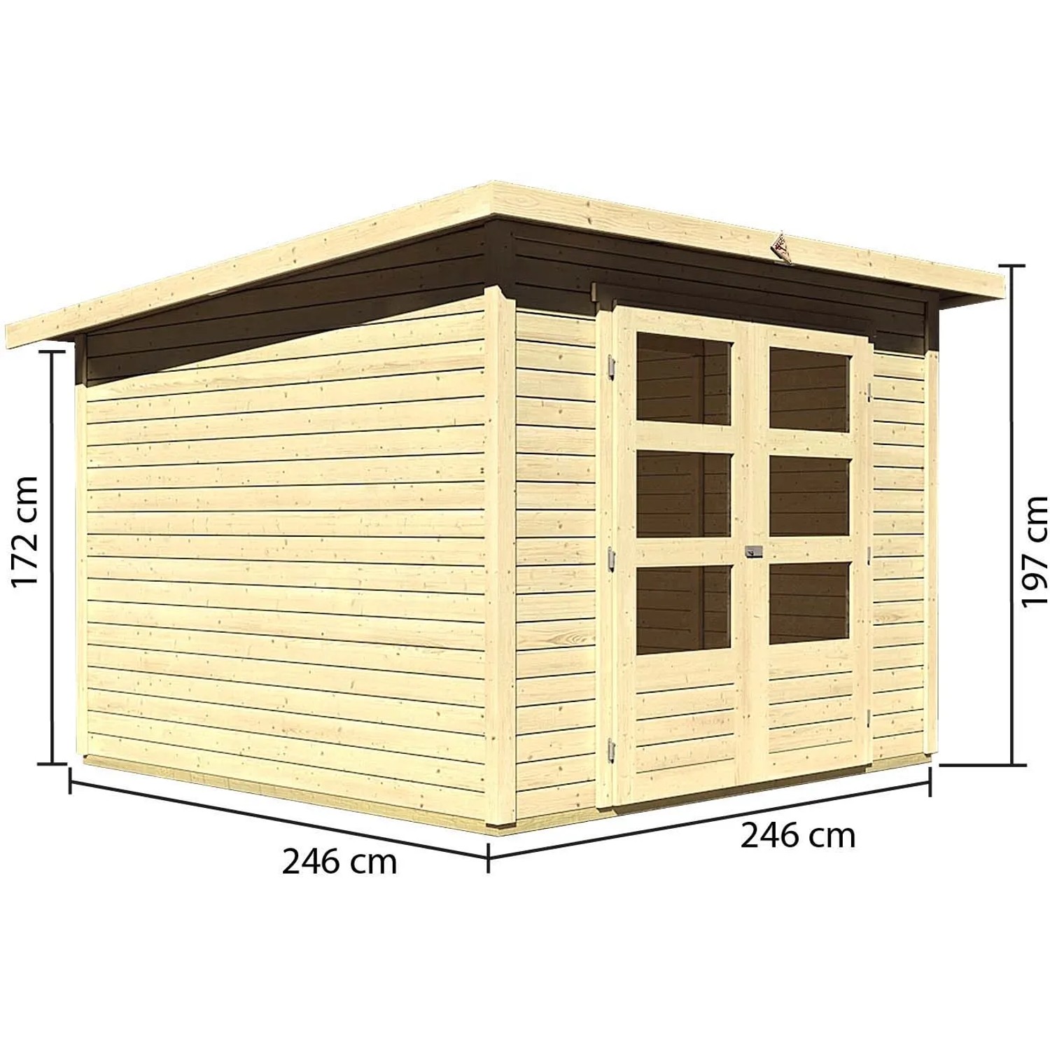 Karibu Holz-Gartenhaus Sitten 4, naturbelassen, mit Doppeltür und Fenster, 242x242cm.