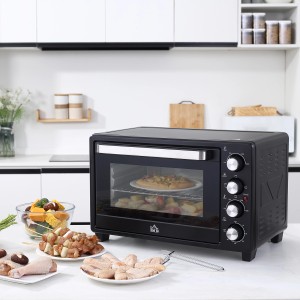 HOMCOM Mini-Backofen, 32L, schwarz, mit Grillrost, Backblech und Speisen vor weißer Küchenkulisse.