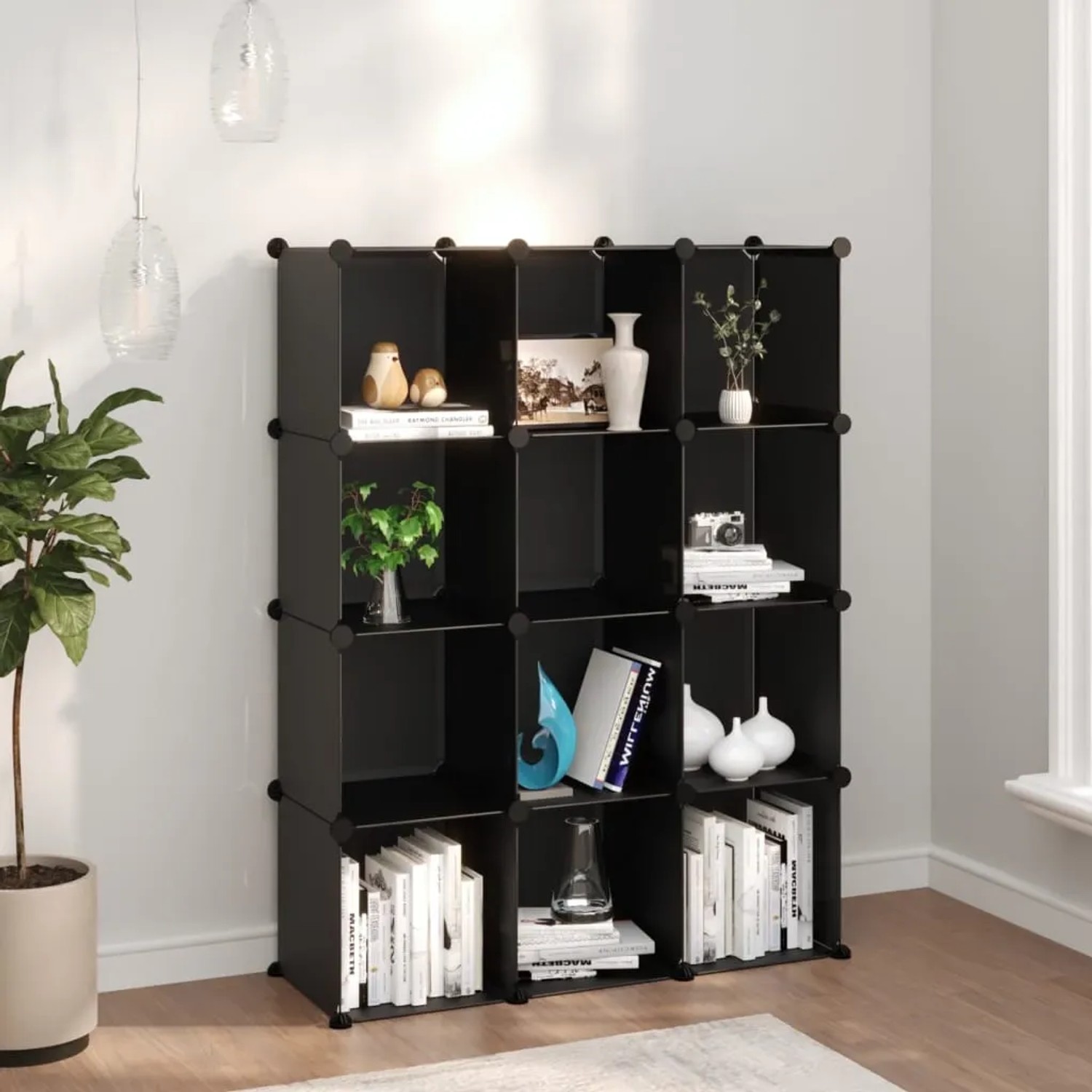 Schwarzes vidaXL Regalsystem mit 12 Würfeln aus PP-Kunststoff, ideal als Schuhkommode oder Bücherregal.