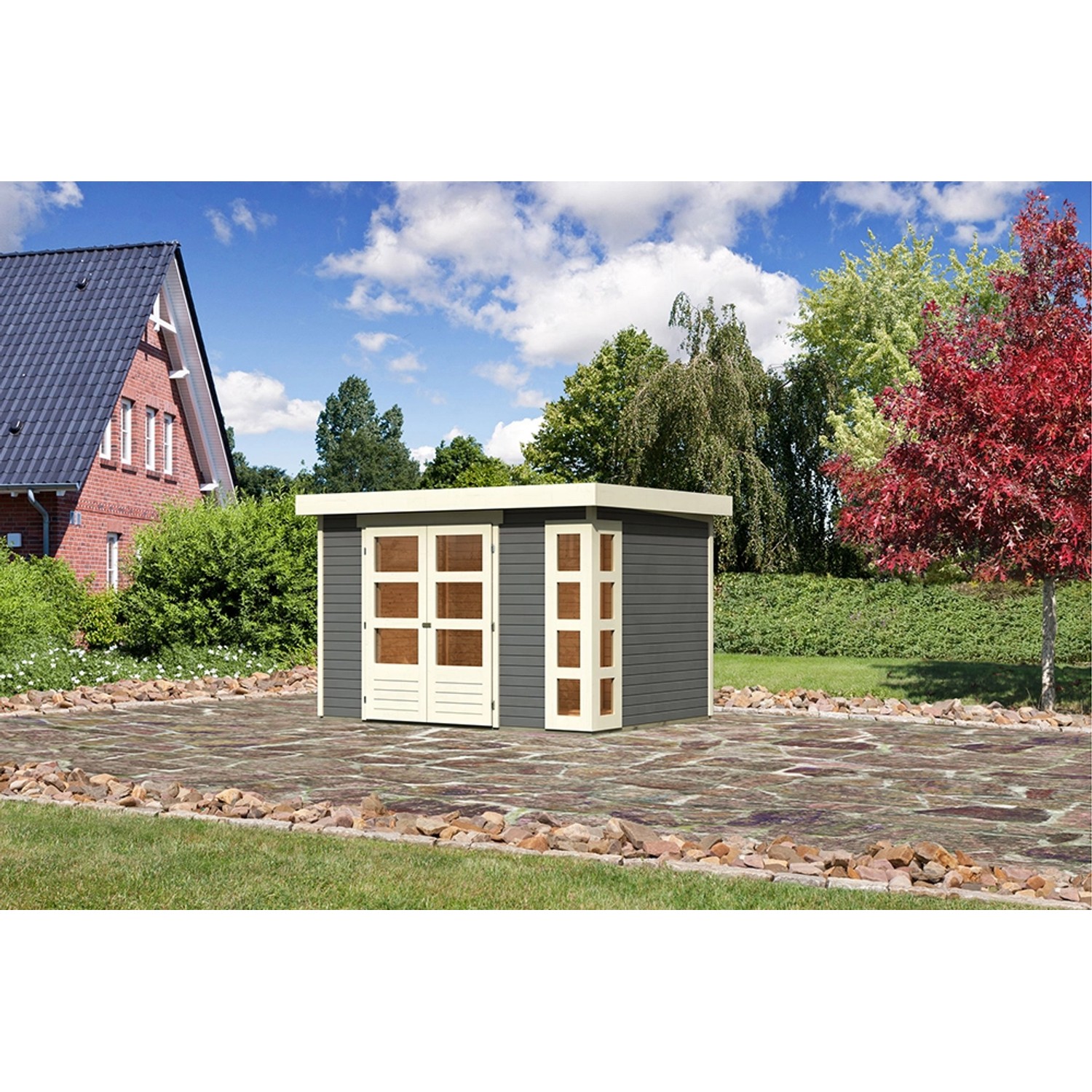 Karibu Holz-Gartenhaus Sölve Terragrau Flachdach Lackiert 298 cm x 213 cm günstig online kaufen