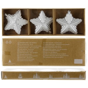 Drei silberne Deko-Sterne (Ø 8cm) zum Aufhängen als Baumbehang.