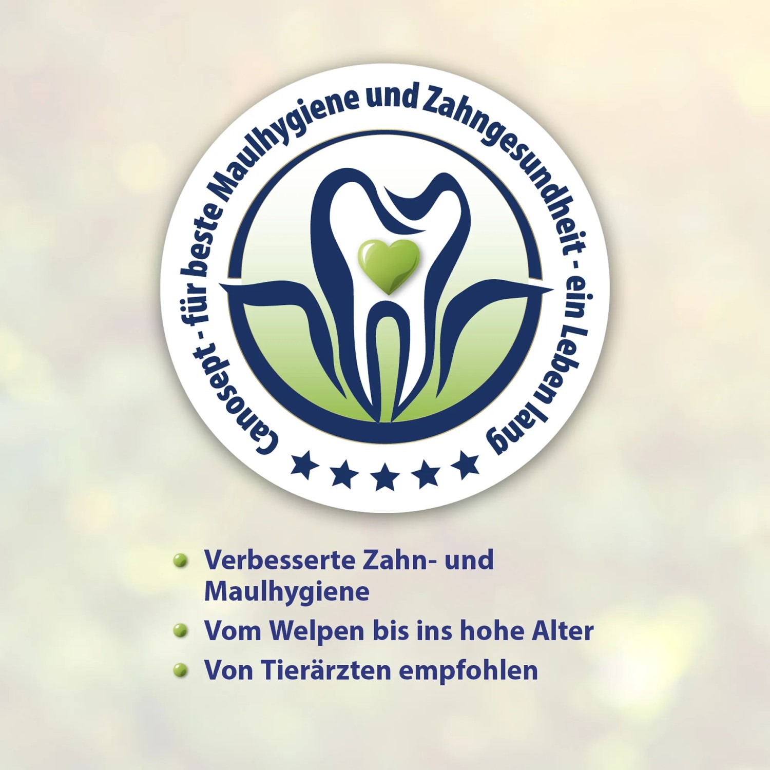 Canosept Logo für Hunde-Zahnpflege: Zahn mit Herz, "für beste Maulhygiene ein Leben lang", von Tierärzten empfohlen.