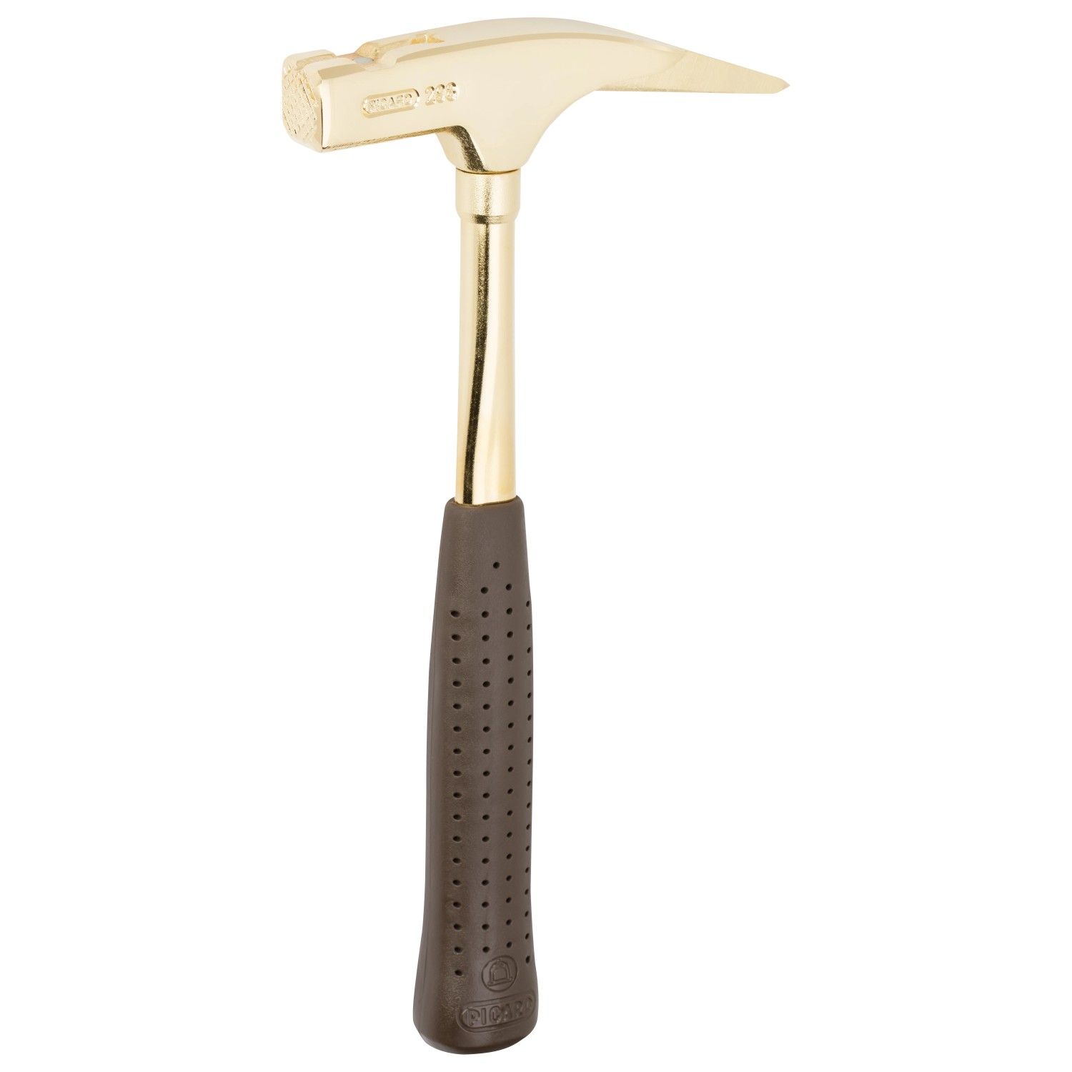 Goldener Picard Latthammer mit magnetischem Nagelhalter und braunem Griff. Gerauter Hammerkopf.