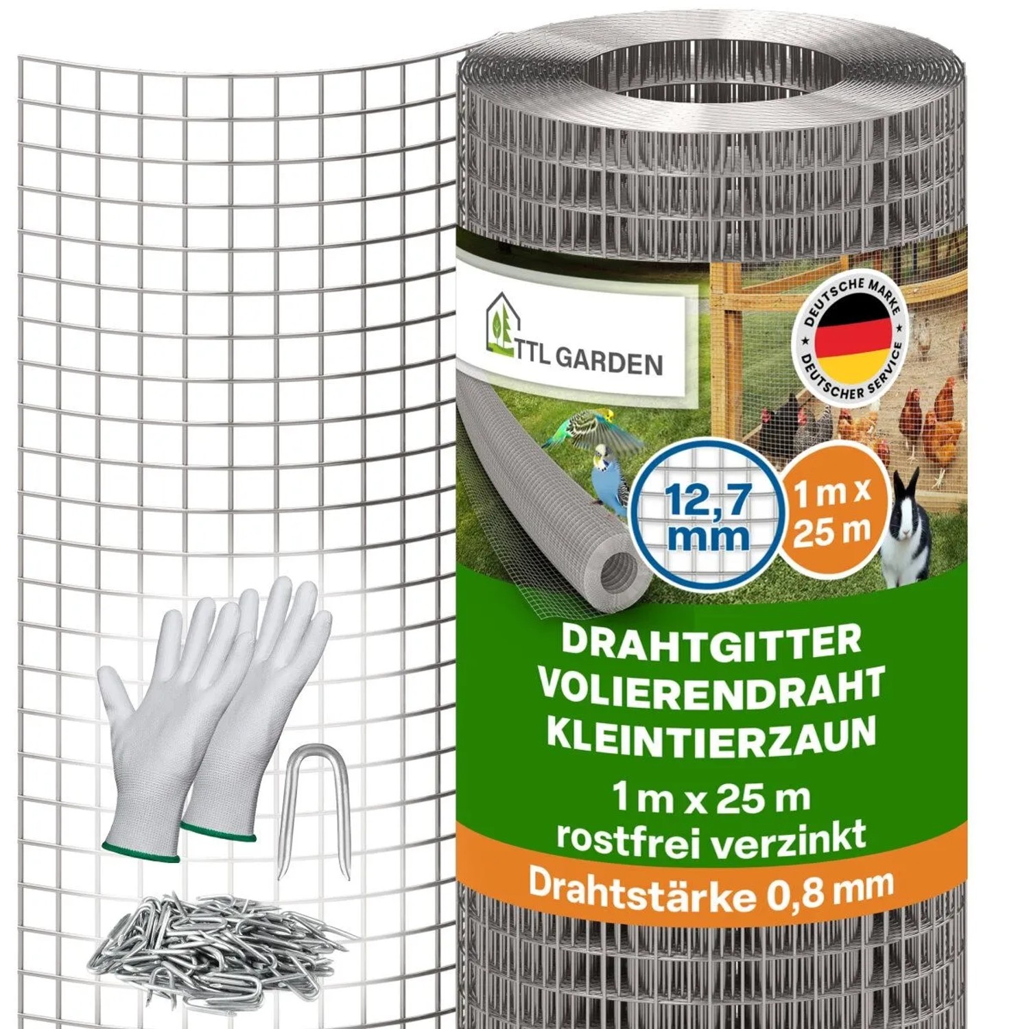 TTL GARDEN Drahtgitter 1m x 25m 12,7x12,7mm Masche Ø0,80mm Verzinkt mit 100 Krampen & Handschuhen für Hochbeet Voliere Z...