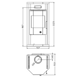 Technische Zeichnung: Wamsler Küchenofen Naturstein Grau 6 kW, Maße und Details des Kaminofens.