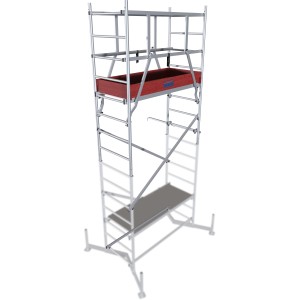 Krause Alu-Arbeitsgerüst Monto ClimTec Aufstockung mit roter Plattform für Arbeiten in der Höhe.