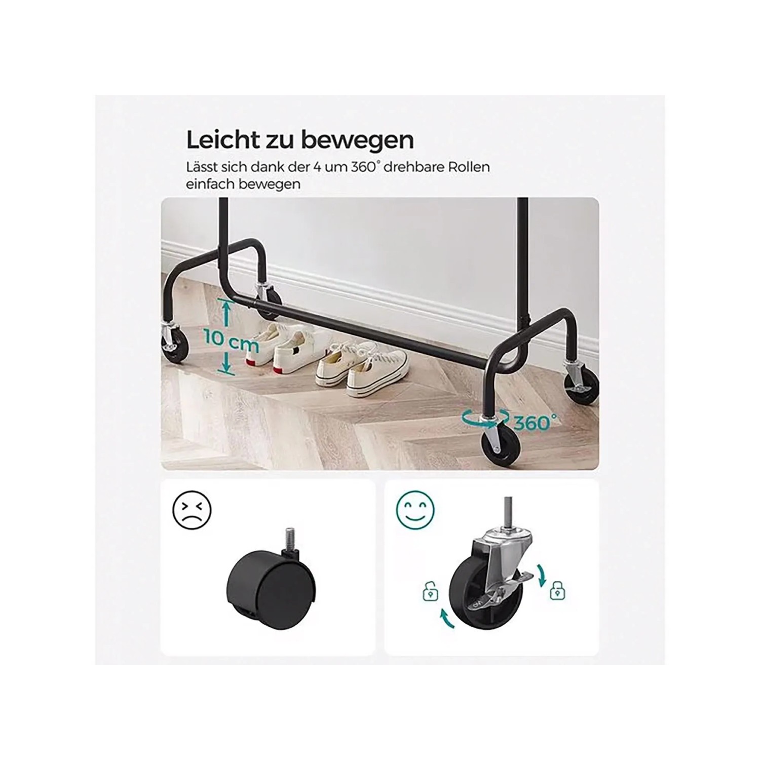 Schwarzer Songmics Kleiderständer Pataye mit Rollen und ausziehbarer Stange.