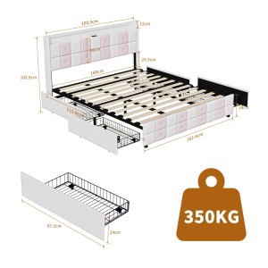 PXloue Polsterbett Stauraumbett 160x200cm mit 4 Schubladen-Kopfteil mit USB und LED-Rosa