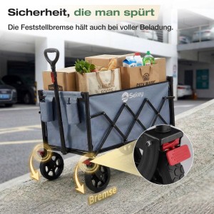 Blauer Sekey Bollerwagen, faltbar, 120L, mit Bremse und Lebensmitteln beladen.
