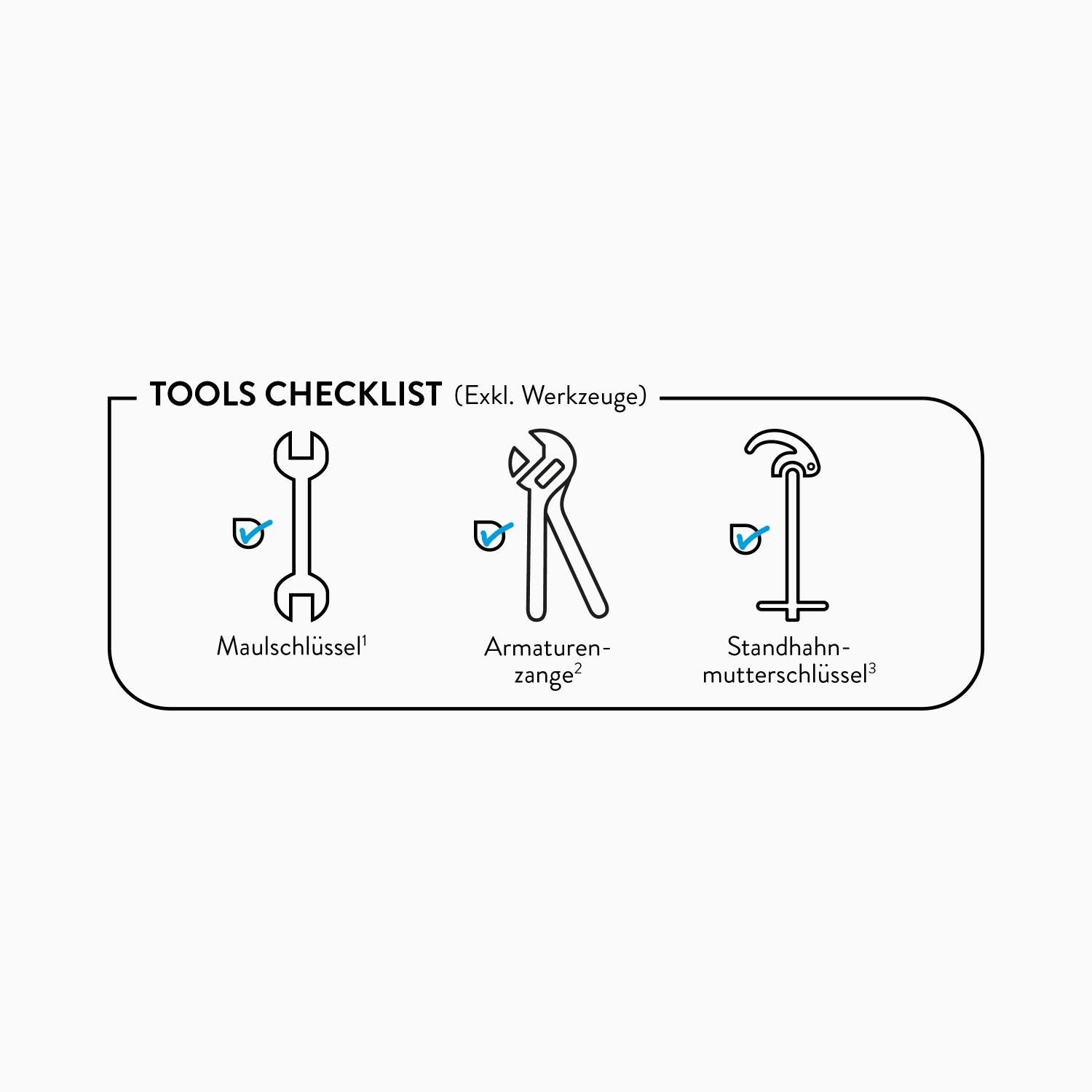 Symbolische Darstellung: Maulschlüssel, Armaturenzange und Standhahnmutterschlüssel als Werkzeug-Checkliste.