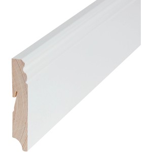 Weiße Massivholz Sockelleiste, 96x18x2400 mm, für harmonischen Bodenabschluss.