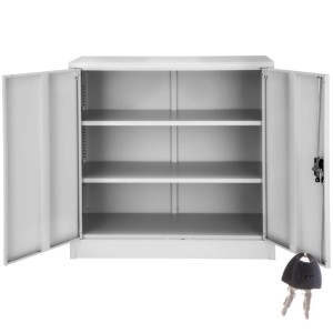Grauer Tectake Aktenschrank aus Stahl mit 2 Türen, offen, mit 3 Fächern und Schlüssel.