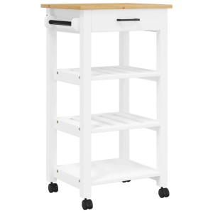 Küchenwagen MONZA aus Kiefernholz, weiß mit Schublade und 3 Ablagen auf Rollen.
