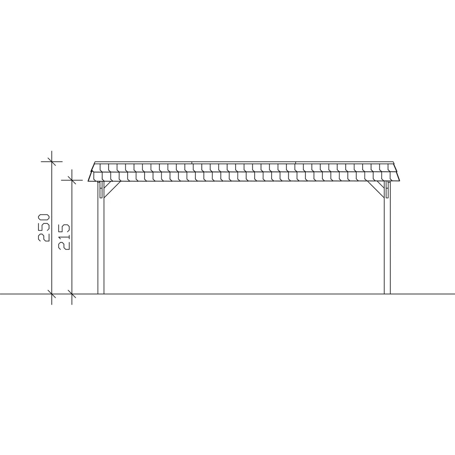 Skizze Skan Holz Carport Spreewald, 585x589 cm, rote Blende, Seitenansicht mit Höhenangaben.