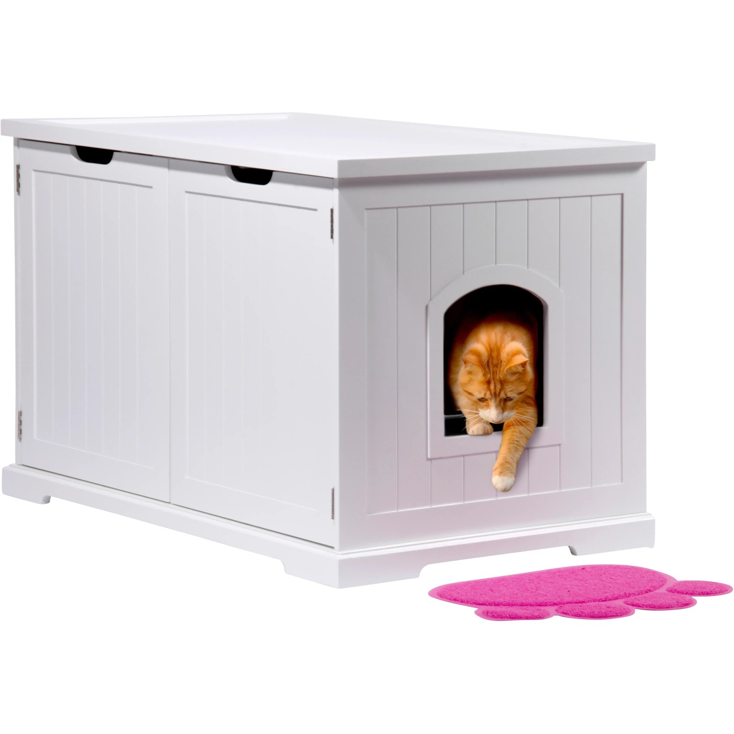 Weißer Design Katzenschrank XL mit Katze, Katzenhöhle mit Tür und Ablagefläche.