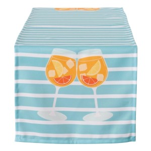 Tischläufer Summer Sp mit Getränke-Motiv auf blau-weiß gestreiftem Grund.