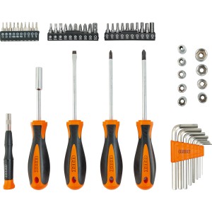 OBI Basic Schraubendreher- und Bits-Set, 52-teilig mit Schraubendrehern, Bits, Inbusschlüsseln und Stecknüssen.