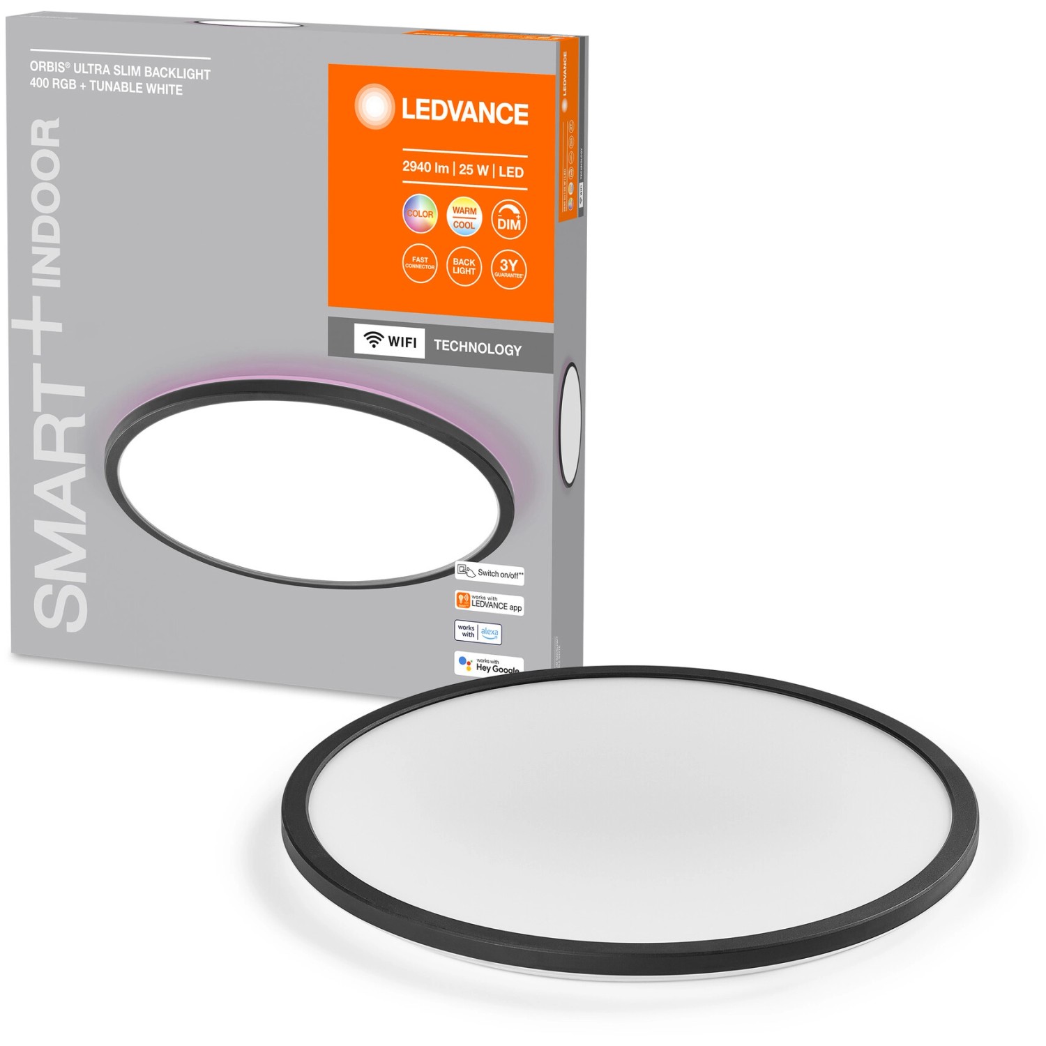 Ledvance Smart+ LED-Deckenleuchte Orbis Ultra Slim, schwarz, Ø 40cm. Smarte, dimmbare Deckenlampe mit RGB Rücklicht.