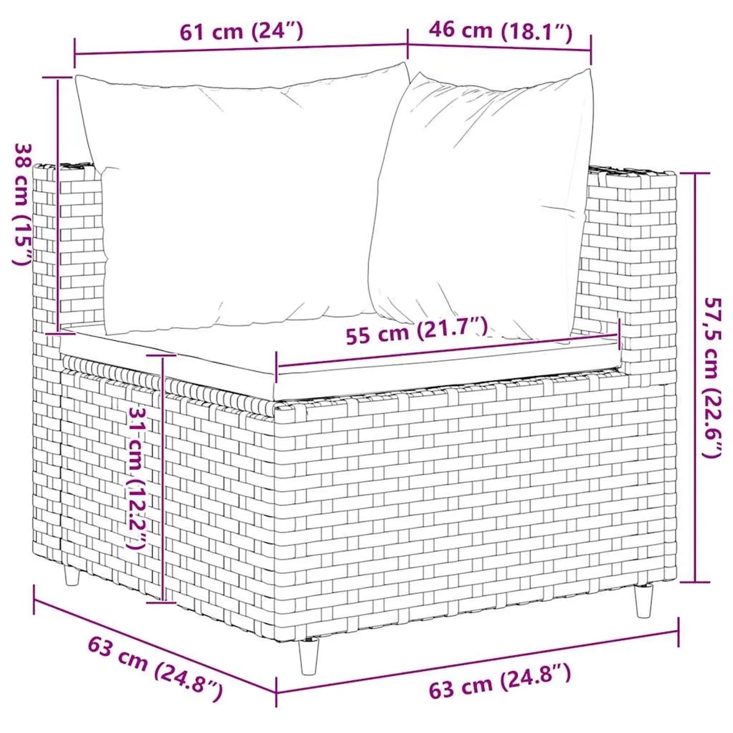 Skizze eines grauen Ecksofas aus Polyrattan mit Kissen, Teil eines 9-tlg. Garten-Lounge-Sets von vidaXL.