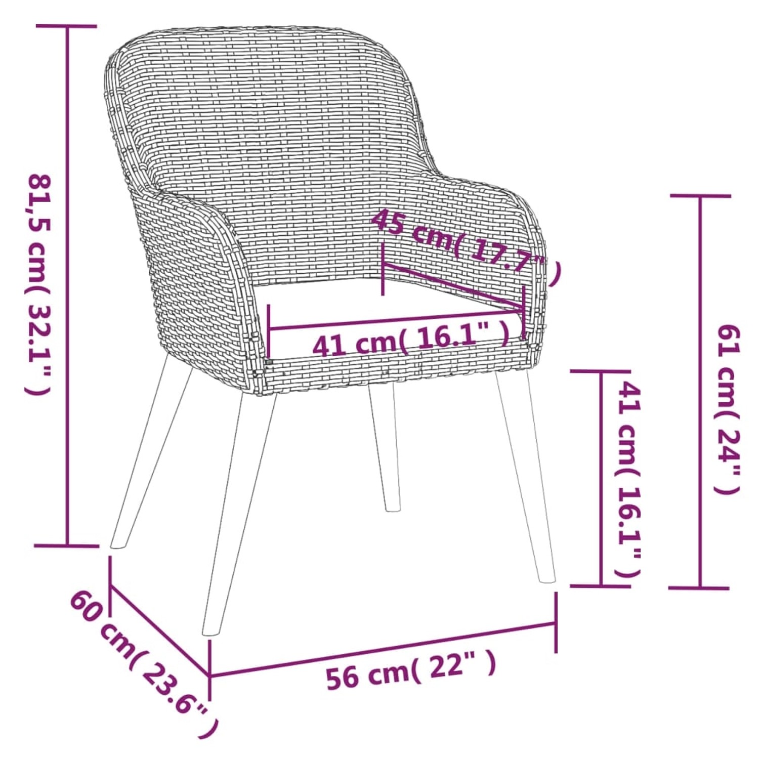 Gartenstuhl der vidaXL 5-Tlg Essgruppe, braunes Rattan, Abmessungen sichtbar.