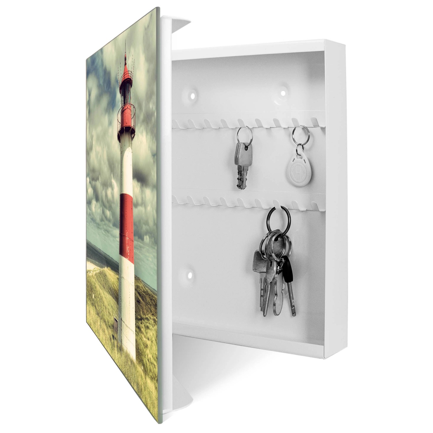 Weißer Schlüsselkasten mit Leuchtturm Sylt Motiv, 50 Haken, beschreibbar und magnetisch.