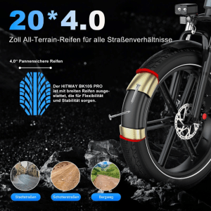 HITWAY E-Bike 20x4.0 Zoll Fat-Reifen, pannensicher und robust. Ideal für Stadt, Schotter und Bergwege.