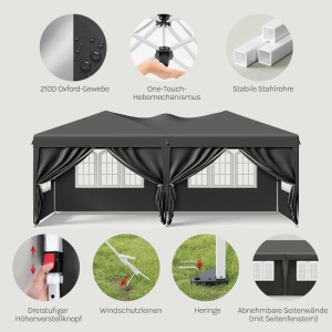 Grauer WOLTU Faltpavillon 3x6 m mit Seitenwänden, Details zu Material, Aufbau und Funktionen.
