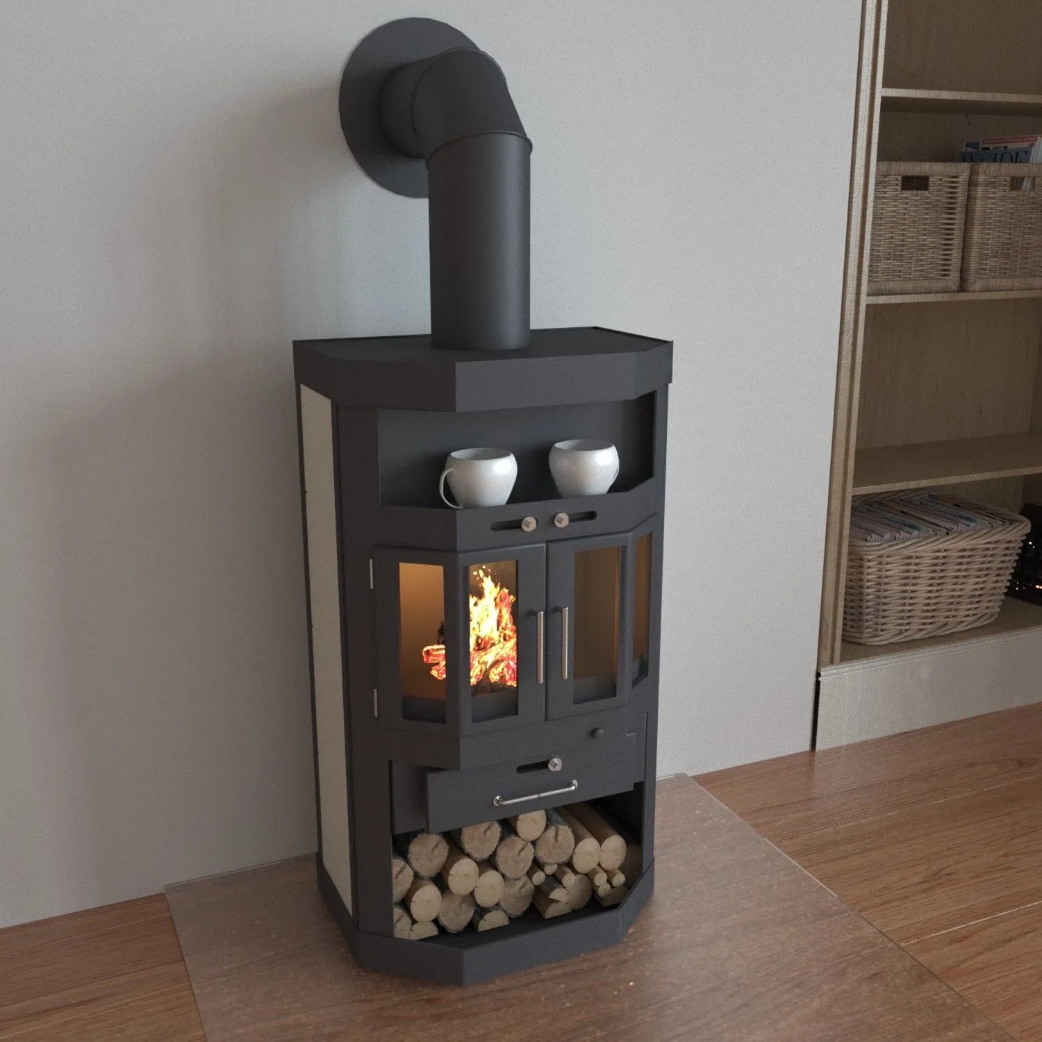 Victoria Kaminofen Taro 2 mit Keramik, 9,04 kW, Holzfach und Teefach.