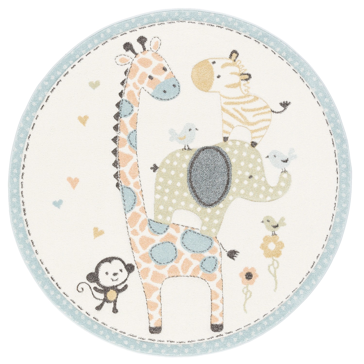 Runder, bunter Kinderteppich mit Safari-Tieren (Giraffe, Elefant, Zebra, Affe) für Kinderzimmer.