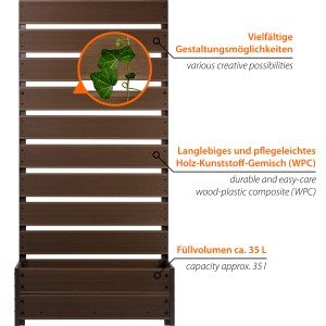 Dunkelbraunes Dobar Pflanzbeet mit Rankgitter aus WPC, 137x72x33 cm.