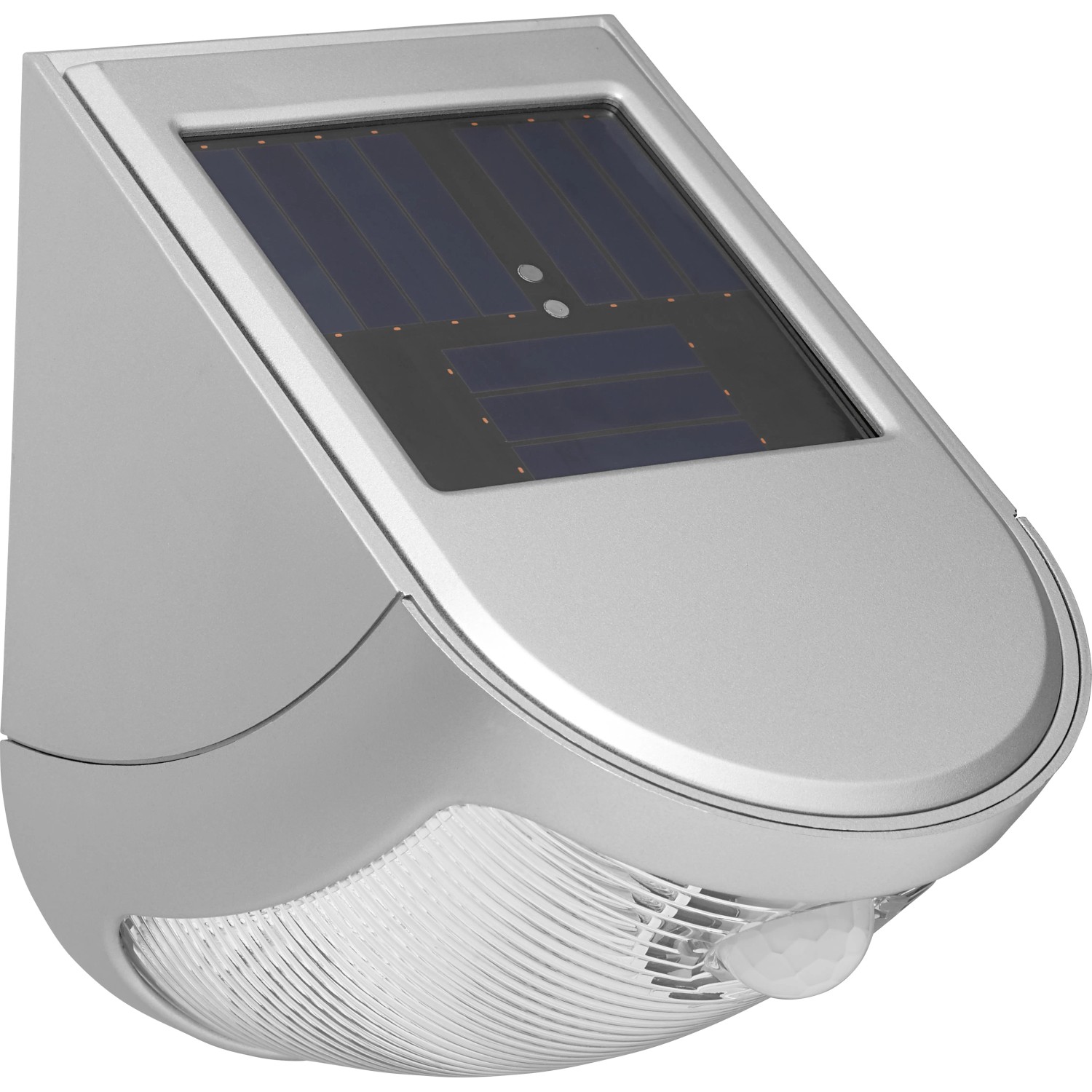 Silbergraue LED-Solar Wandleuchte mit Bewegungssensor aus Kunststoff.