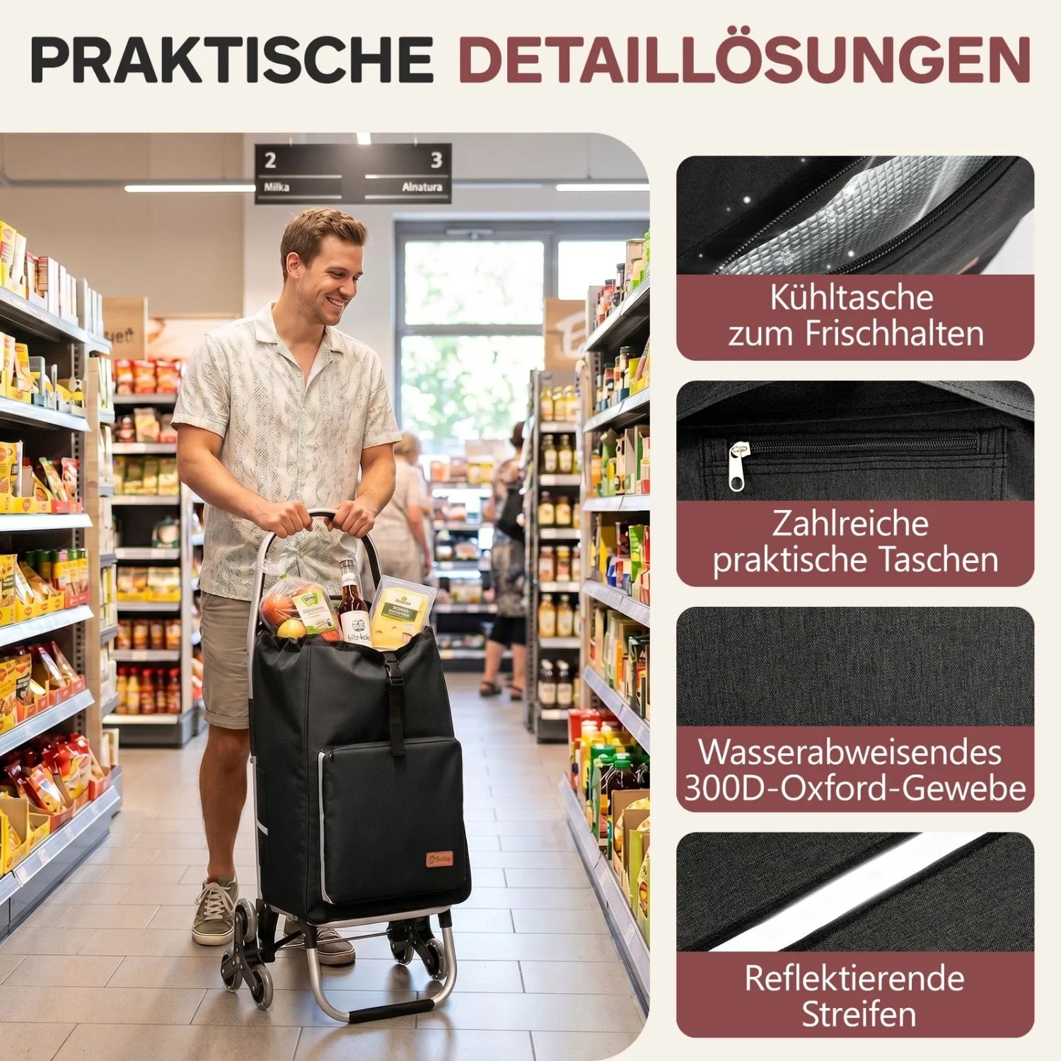 Sekey Treppensteiger Einkaufstrolley, schwarz, mit Kühlfach und Rucksackfunktion im Supermarkt.