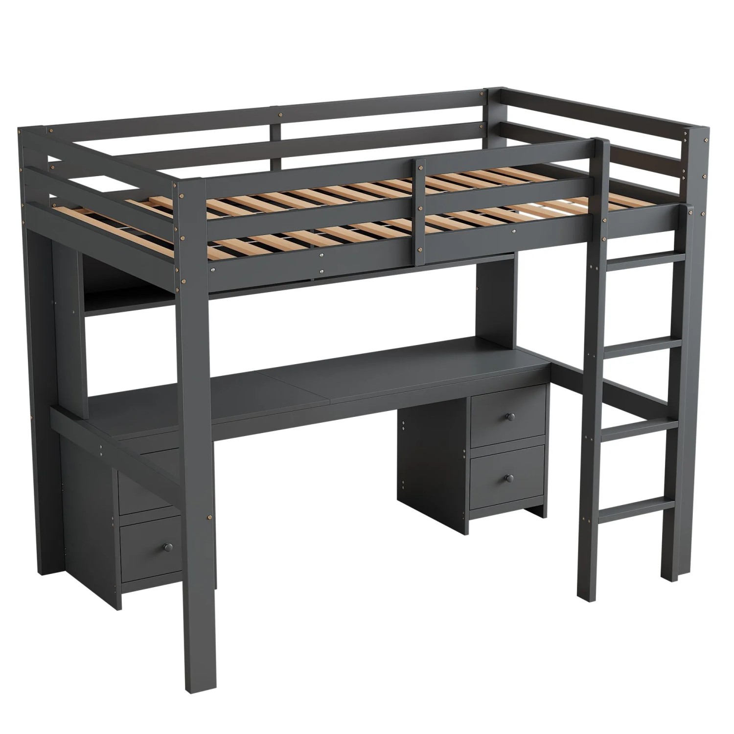 okwish Hochbett 90x200cm mit Schreibtisch Stauraum Grau ohne Matratze
