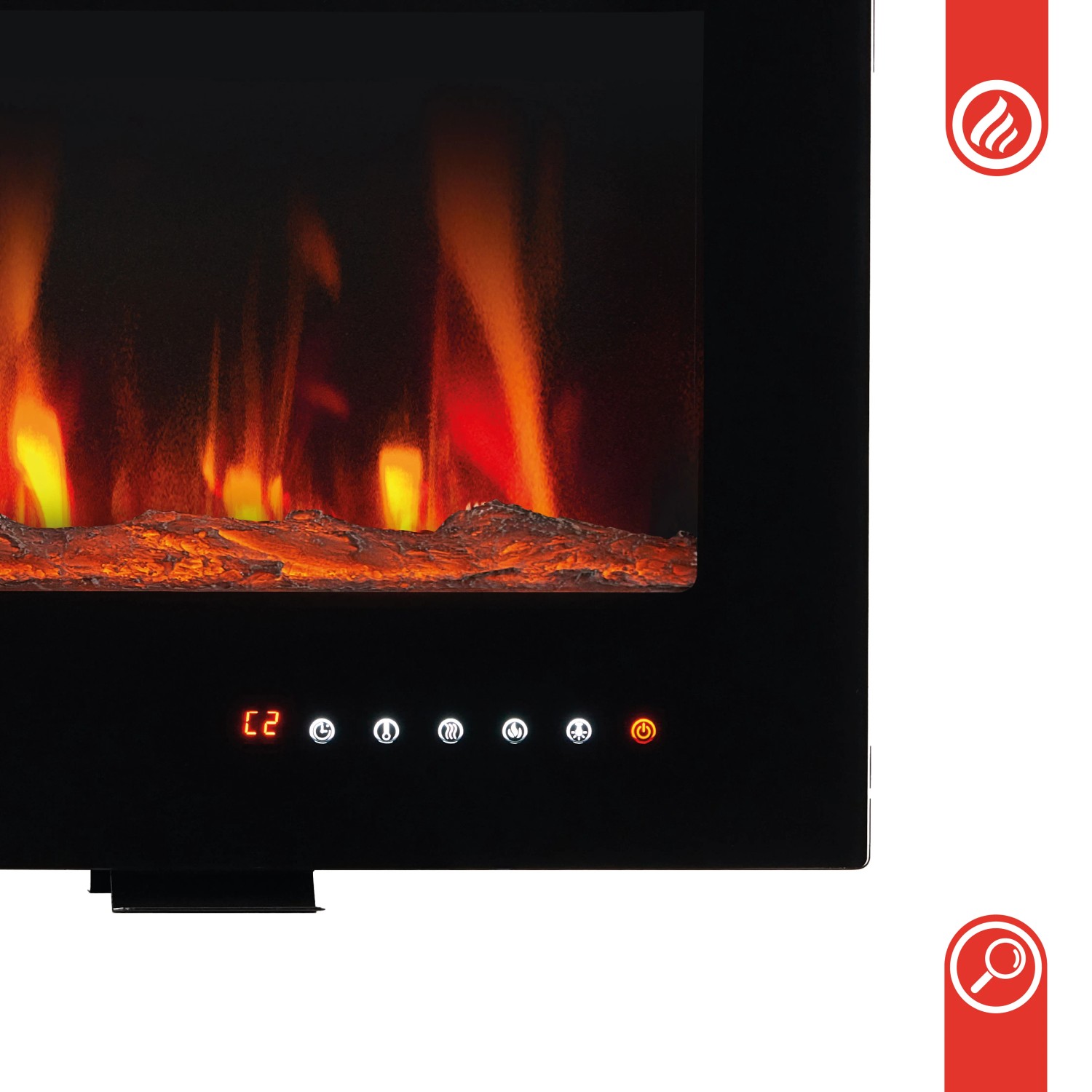 Detailansicht des Kaminio Elektrokamins Marlon mit 3D-Flammeneffekt und Bedienelementen.